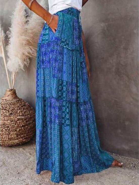 Women's Boho Maxi Skirts Vintage Floral Elastic High Waist A-Line Flowy Skirts T - Picture 4 of 6